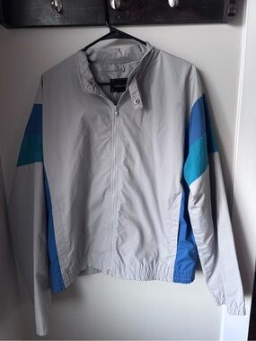 Haggar retro Light Gray Windbreaker with Blue and Teal Colorblocks